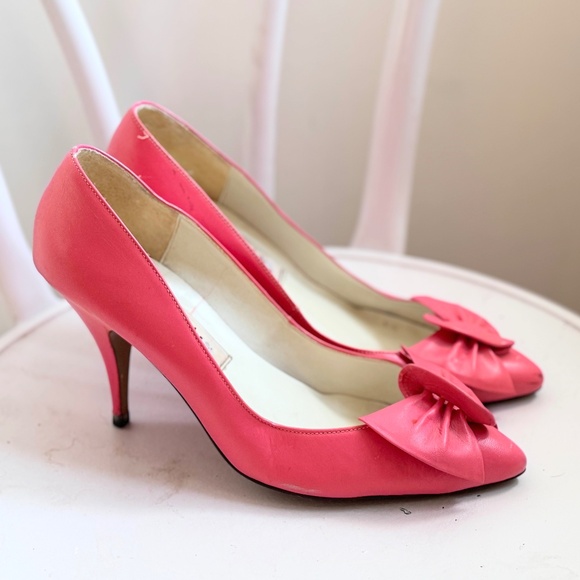 Vintage Pink Leather Stiletto Pumps Bows 8.5 / 9 - Picture 4 of 5